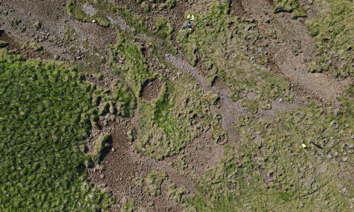 Loftmynd af fólki við útlagningu Grólindarreita í Borgarfirði Reitirnir eru mældir út á fjölbreyttu landi og eru 50 x 50 metrar að stærð.